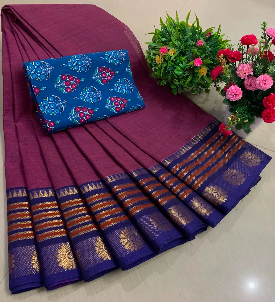 Berry Purple Chettinadu Pure Cotton Saree with Kalamkari Blouse